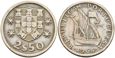 Португалия 2,5 эскудо 1968 парусник KM 590 медно-никель    4160-1211