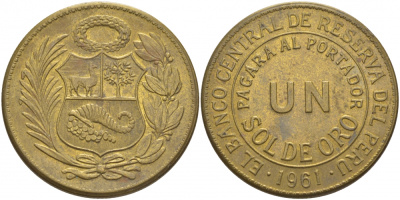 Перу 1 соль 1961 KM 222 латунь 118-911