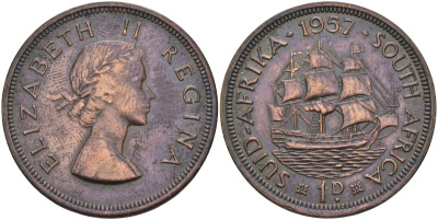 ЮАР 1 пенни 1957 Елизавета II (1952-) KM 46 бронза 4368-522