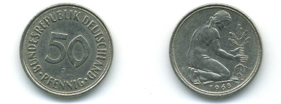 ФРГ 50 ПФЕННИГОВ 1968 J, KM 109.1, J. 384 медно-никель 46-2551