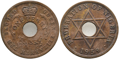 Нигерия 1 пенни 1959 Елизавета II (1952-), Британский протекторат KM 2 бронза 51-1847