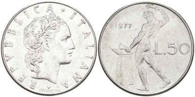 Италия 50 лир 1977 R, Бог огня Вулкан у наковальни KM 95.1 нержавеющая сталь 4525-625