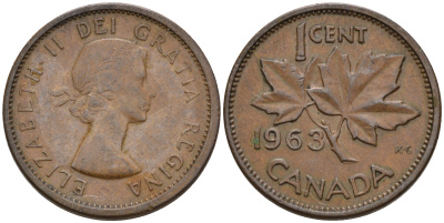 Канада 1 цент 1963 Елизавета II (1952-2022), кленовый лист KM 49 бронза    4160-1159