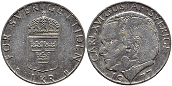 Швеция 1 крона 1977 Карл XVI Густав (1973- ) KM 852 медь плакированная медно-никелем 4397-837