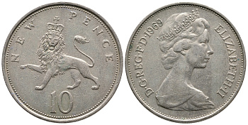 Великобритания 10 пенсов 1969 Елизавета II (1952-2022) KM 912, Spink 4231 (F1) медно-никель 86-1536