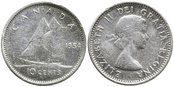 Канада 10 центов 1954 Елизавета II (1952-2022), парусник KM 51 серебро 4532-751