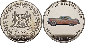 Суринам 100 гульденов 1996 США, Thunderbird 1956, эмаль KM 46 медно-никель PROOF 1069-3-31