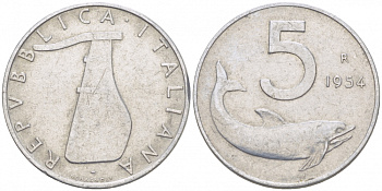 ИТАЛИЯ 5 ЛИР 1954 R, РУЛЬ, ДЕЛЬФИН KM 92 алюминий 3955-619