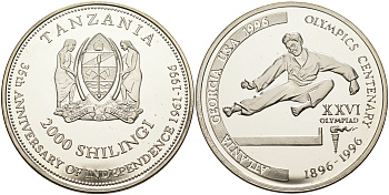 Танзания 2000 шиллингов 1996 XXVI Олимпийские игры 1996 года в Атланте, 100 лет Олимпийскому движению, карате, пробник, гладкий гурт серебро PROOF 06-158-14