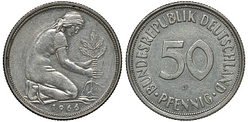 ФРГ 50 ПФЕННИГОВ 1966 J KM 109.1, J. 384 медно-никель 72-1024