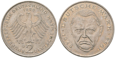 ФРГ 2 марки 1988 D, Людвиг Эрхард, 40 лет Федеративной Республике KM 170 медно-никель 4572-1142