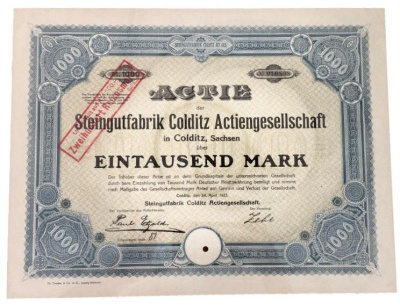 Германия акция в 1000 марок 1922 Фаянсовая фабрика Кольдиц АО в Кольдице, Саксония, Steingutfabrik Colditz AG in Colditz, Sachsen бумага 5555-21