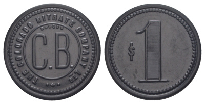 Чили, Кармен Баджо (Carmen Bajo), Посо-Альмонте шахтерский жетон с Селитряного рудника для покупки в местных магазинах, номиналом в 1 песо 1880-1920 диаметр 34,5 мм, вес 3,61 гр Espinosa 65.9 эбонит (черный) 1094-11-54