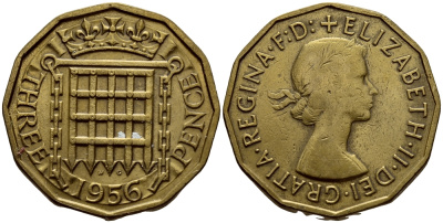 Великобритания 3 пенса 1956 Елизавета II (1952-2022) KM 900, Spink 4153 никель латунь 4393-425