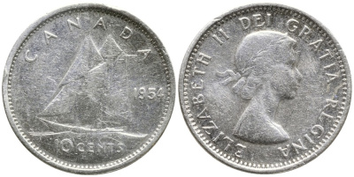 Канада 10 центов 1954 Елизавета II (1952-2022), парусник KM 51 серебро 4532-751