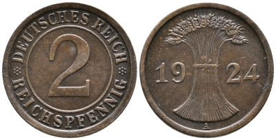 ГЕРМАНИЯ 2 РЕЙХСПФЕННИГА 1924 A KM 38, J. 314 бронза 24-734