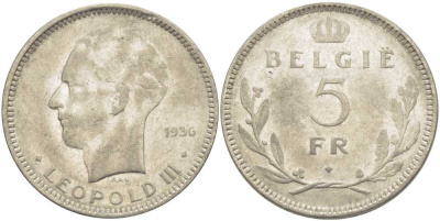Бельгия 5 франков 1936 Леопольд III (1934-1951), Belgie KM 109 никель 3851-524