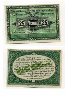 Германия 25 пфеннигов 1917 инспекция лагерей военнопленных в Бранденбурге, III-ий Армейский корпус C-2770 бумага UNC (пресс) 504-71-1-2