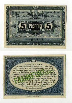 Германия 5 пфеннигов 1917 инспекция лагерей военнопленных в Франкфурте на Одере, III-ий Армейский корпус C-2962 бумага UNC (пресс) 504-91-3-1