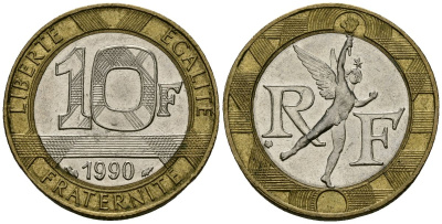 Франция 10 франков 1990 тип Гений Бастилии KM 964.1, Le Frank 375.5 биметалл 4135-542