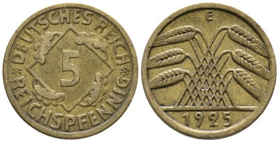 ГЕРМАНИЯ 5 РЕЙХСПФЕННИГОВ 1925 E KM 39, J. 316 алюминиевая бронза 39-554