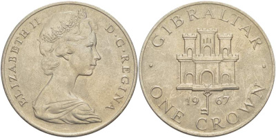 Гибралтар 1 крона 1967 Елизавета II (1952-2022), старый замок, первый год чекана KM 4 медно-никель UNC 4527-425