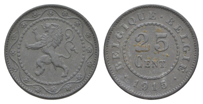 Бельгия 25 сантимов 1915 германская оккупация Первая мировая война, Альберт I (1909-1934) KM 82 цинк 4156-711