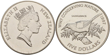 Новая Зеландия 5 долларов 1997 Тико, новозеландский скворец KM 103 медно-никель UNC 00-00