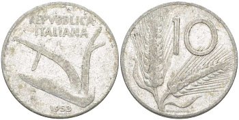 Италия 10 лир 1953 R, плуг, колосья KM 93 алюминий 175-341