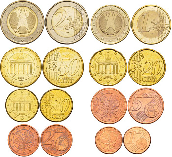 ФРГ евронабор из 8 монет 2002-2004 F, монеты в капсулах биметалл UNC 1094-3-15-85