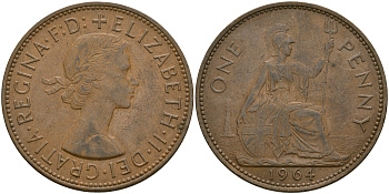 Великобритания 1 пенни 1964 Елизавета II (1952-2022) KM 897, Spink 4157 бронза 08-446