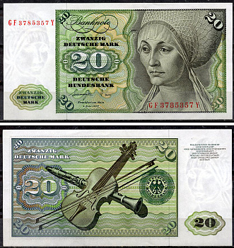 ФРГ 20 марок 1977 Эльсбет Тухер (Альбрехт Дюрер), скрипка, кларнет Pick 32 b  бумага  aUNC 451-918-3