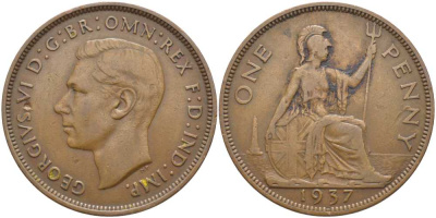 Великобритания 1 пенни 1937 Георг VI (1936-1952) КМ 845, Spink 4114 бронза 115-332