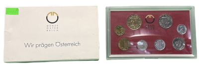 Австрия набор из 8 монет 1992 официальный набор, 2, 5, 10, 50 грошей, 1, 5, 10, 20 шиллингов, девять провинций Австрии, в пластике KM MS 1 UNC 6-6-2-8