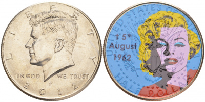 США 1/2 доллара (50 центов) 2012 D, Джон Кеннеди, 50 лет со дня смерти Мерлин Монро, цветная эмаль медь плакированная медно-никелем UNC M39-12