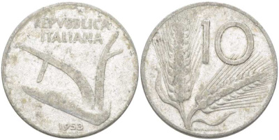 Италия 10 лир 1953 R, плуг, колосья KM 93 алюминий 175-341