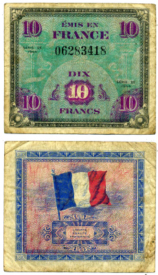 ФРАНЦИЯ 10 ФРАНКОВ 1944 ПЕРВЫЙ АМЕРИКАНСКИЙ ВЫПУСК ДЛЯ ФРАНЦИИ Pick 116а бумага 7218-13-1-1