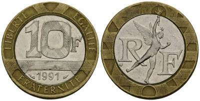 Франция 10 франков 1991 тип Гений Бастилии KM 964.1, Le Frank 375.6 биметалл 4135-546