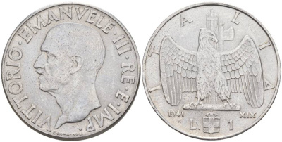 ИТАЛИЯ 1 ЛИРА 1941 R, ГОД XIX, ВИКТОР ЭММАНУИЛ III (1900-1946), МАГНИТНАЯ, РЕДКАЯ KM 77b, VEM3. 1099 нержавеющая сталь 3855-425