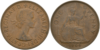 Великобритания 1 пенни 1964 Елизавета II (1952-2022) KM 897, Spink 4157 бронза 08-446