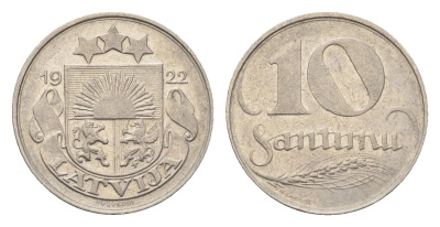 Латвия 10 сантимов 1922 год-тип KM 44 никель 4689-813