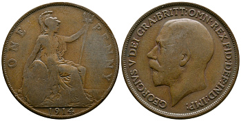 Великобритания 1 пенни 1914 Георг V (1910-1936) KM 810, Spink 4051 бронза 37-415