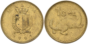 Мальта 1 цент 1991 ласка, горностай KM 93 никель латунь 4585-1169