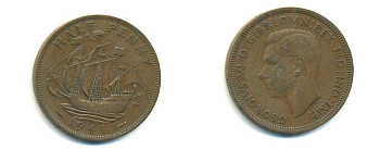 Великобритания 1/2 пенни 1941 Георг VI (1936-1952) KM 844, Spink 4115 бронза 59-1015