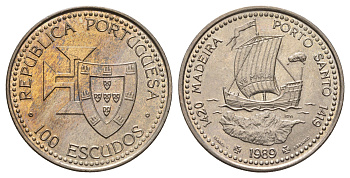 Португалия 100 эскудо 1989 Золотой век открытий - Открытие острова Мадейра KM 647 медно-никель UNC 4572-1045
