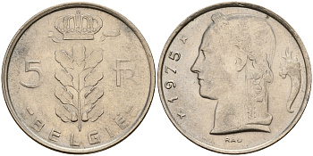 Бельгия 5 франков 1975 Belgie, Бодуэн I (1951-1993) KM 135.1 медно-никель  UNC  4187-317