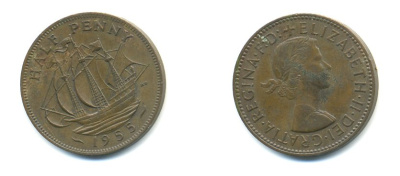 Великобритания 1/2 пенни 1955 Елизавета II (1952-2022) KM 896, Spink 4158 бронза 59-1045