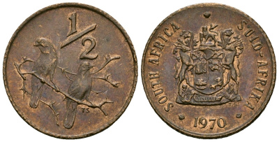 ЮАР 1/2 цента 1970 два капских воробья на ветке KM 81 бронза 4136-844