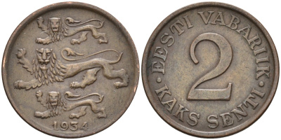 Эстония 2 цента 1934 Республика (1918-1941) KM 15 бронза 4585-1036