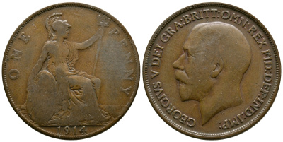 Великобритания 1 пенни 1914 Георг V (1910-1936) KM 810, Spink 4051 бронза 37-415